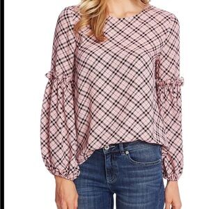 CECE Womens Pink Plaid Jewel Neck Top Size: S
